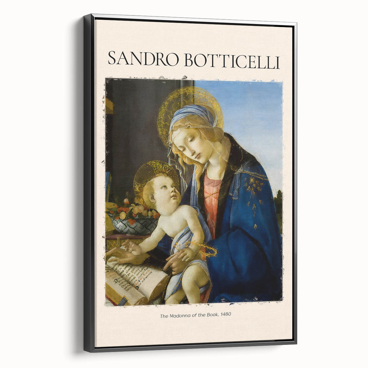 Black and white framed canvas of a vintage Sandro Botticelli landscape, ideal for bedroom wall art.