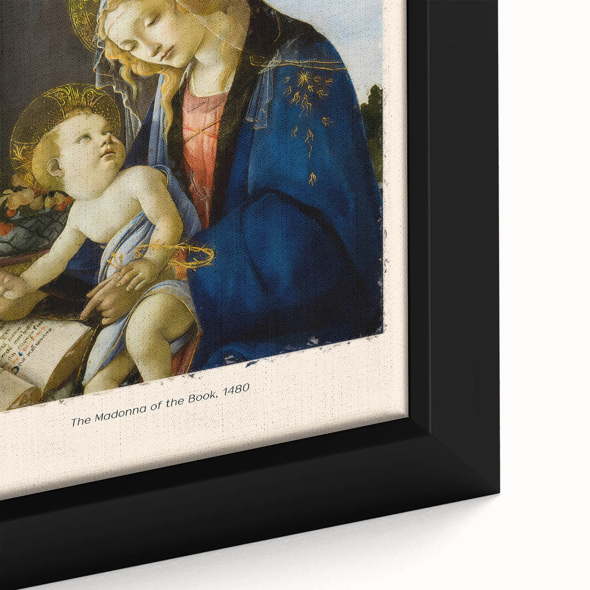 Close-up of extra large black wall art featuring Sandro Botticelli's design, with colorful.