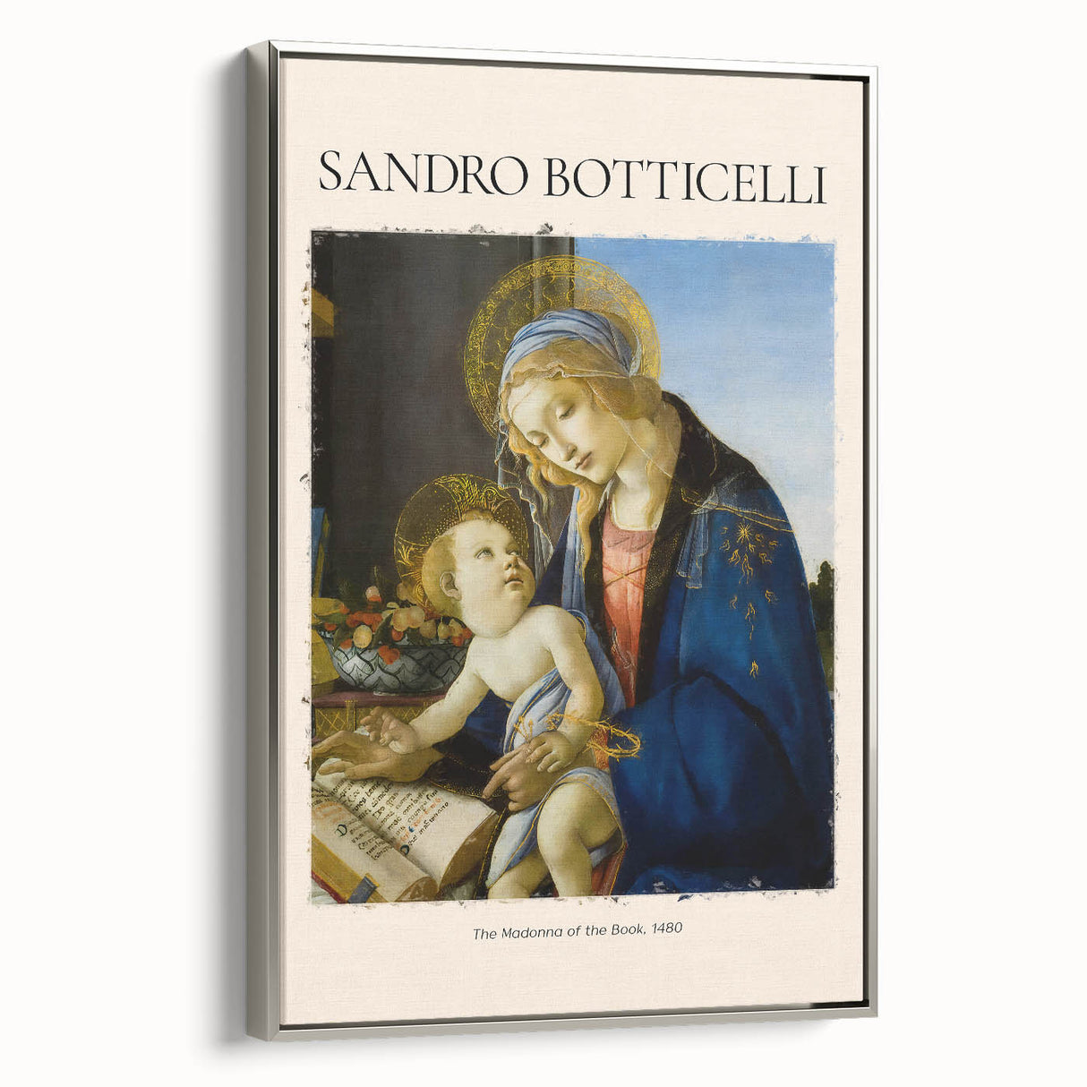 Framed canvas of Sandro Botticelli's artwork, featuring a vintage poster style with a mix of vibrant and muted colors.