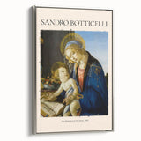 Framed canvas of Sandro Botticelli's artwork, featuring a vintage poster style with a mix of vibrant and muted colors.