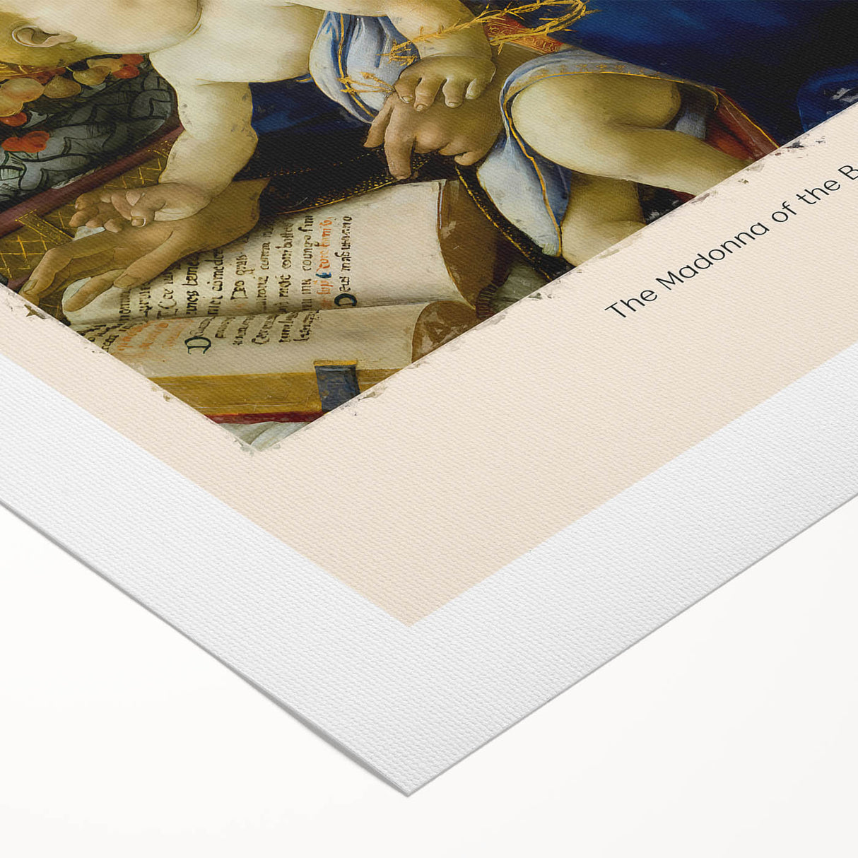 Art deco poster featuring a detailed Botticelli inspired scene, in muted earth tones on rolled canvas.