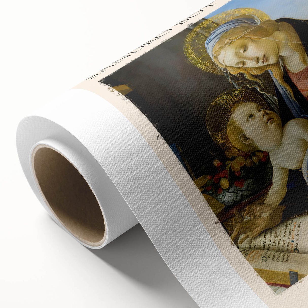 Art deco style poster of Sandro Botticelli's artwork on rolled canvas, featuring soft pastel tones.