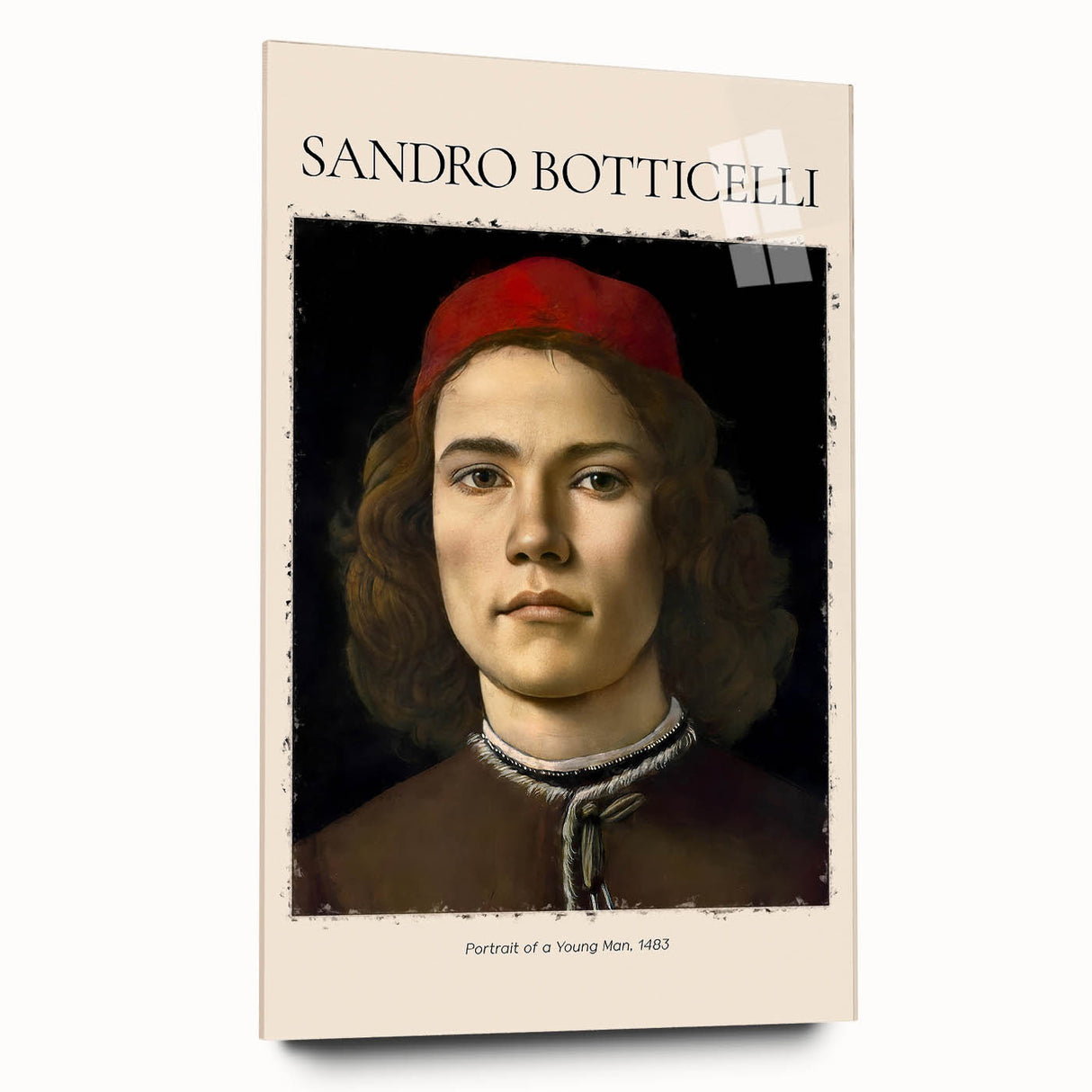 Side view of a large acrylic glass print featuring Sandro Botticelli's design, suitable for bedroom or dining room art.