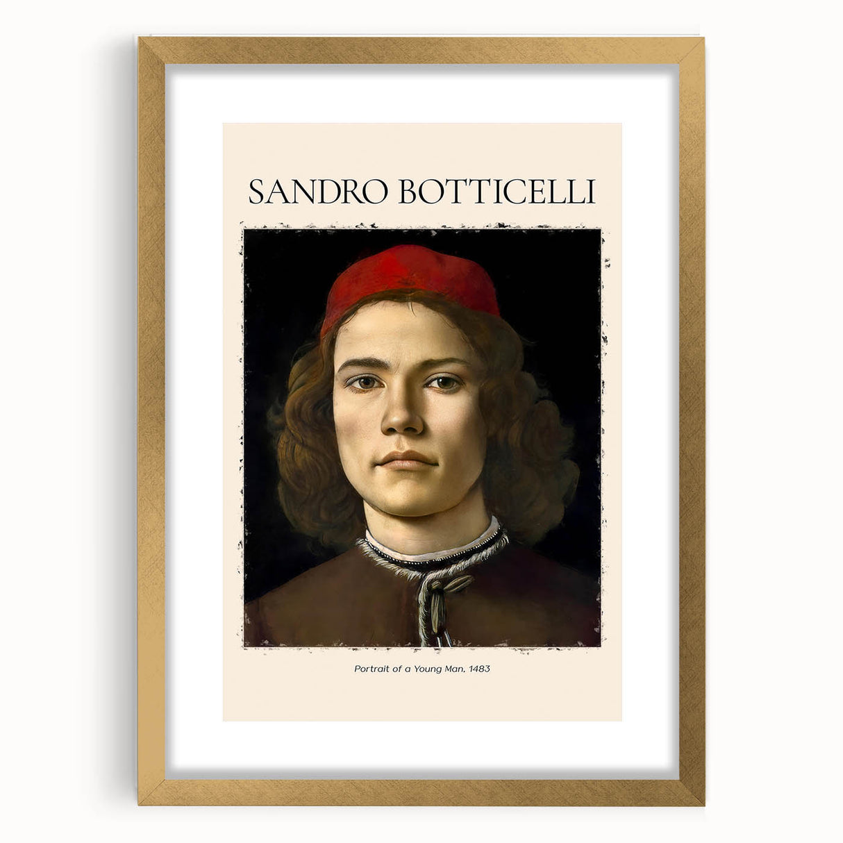 Textured abstract art print of Sandro Botticelli's design in a gold frame, featuring muted earth tones.