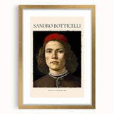 Textured abstract art print of Sandro Botticelli's design in a gold frame, featuring muted earth tones.