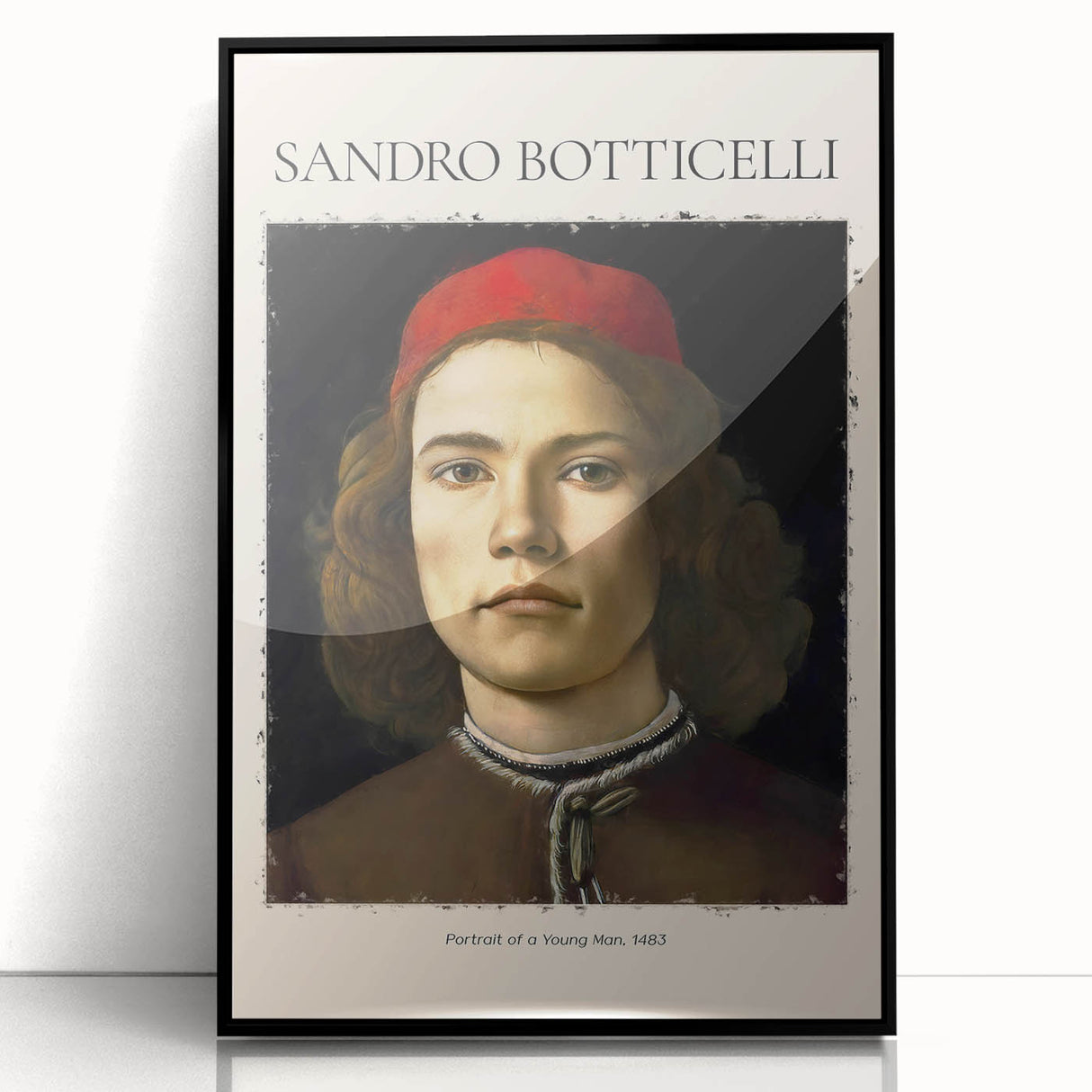 Large abstract wall art by Sandro Botticelli in black frame, featuring mid-century modernist style with muted colors.