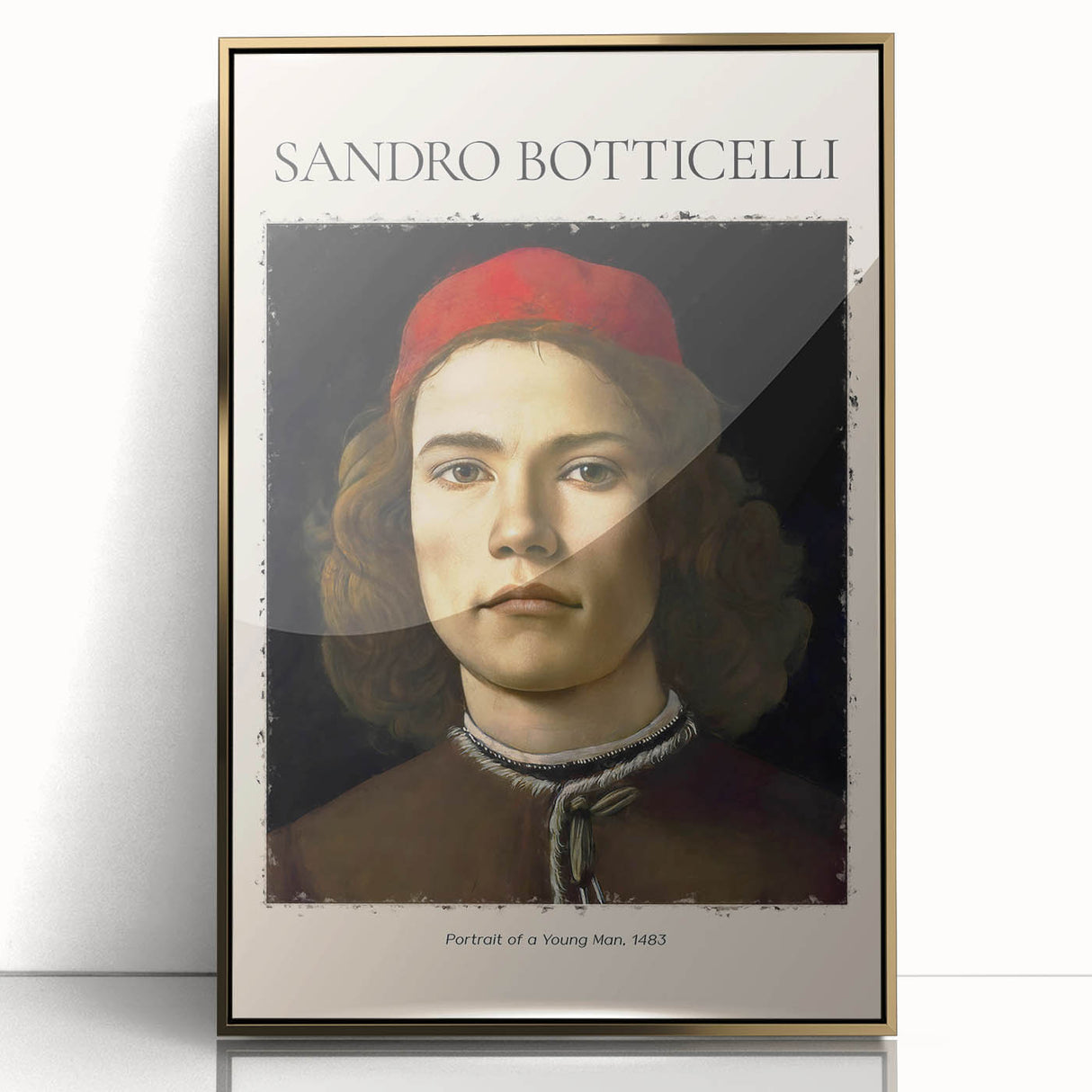 Mid-century modernist art of Sandro Botticelli's design in a gold-framed acrylic, featuring muted earth tones.