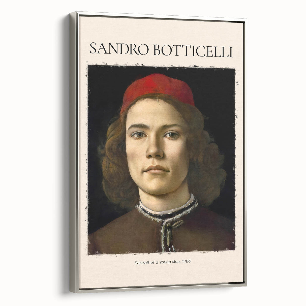 Vintage poster art of Sandro Botticelli's design on framed canvas, featuring black and colorful elements.