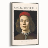 Vintage poster art of Sandro Botticelli's design on framed canvas, featuring black and colorful elements.