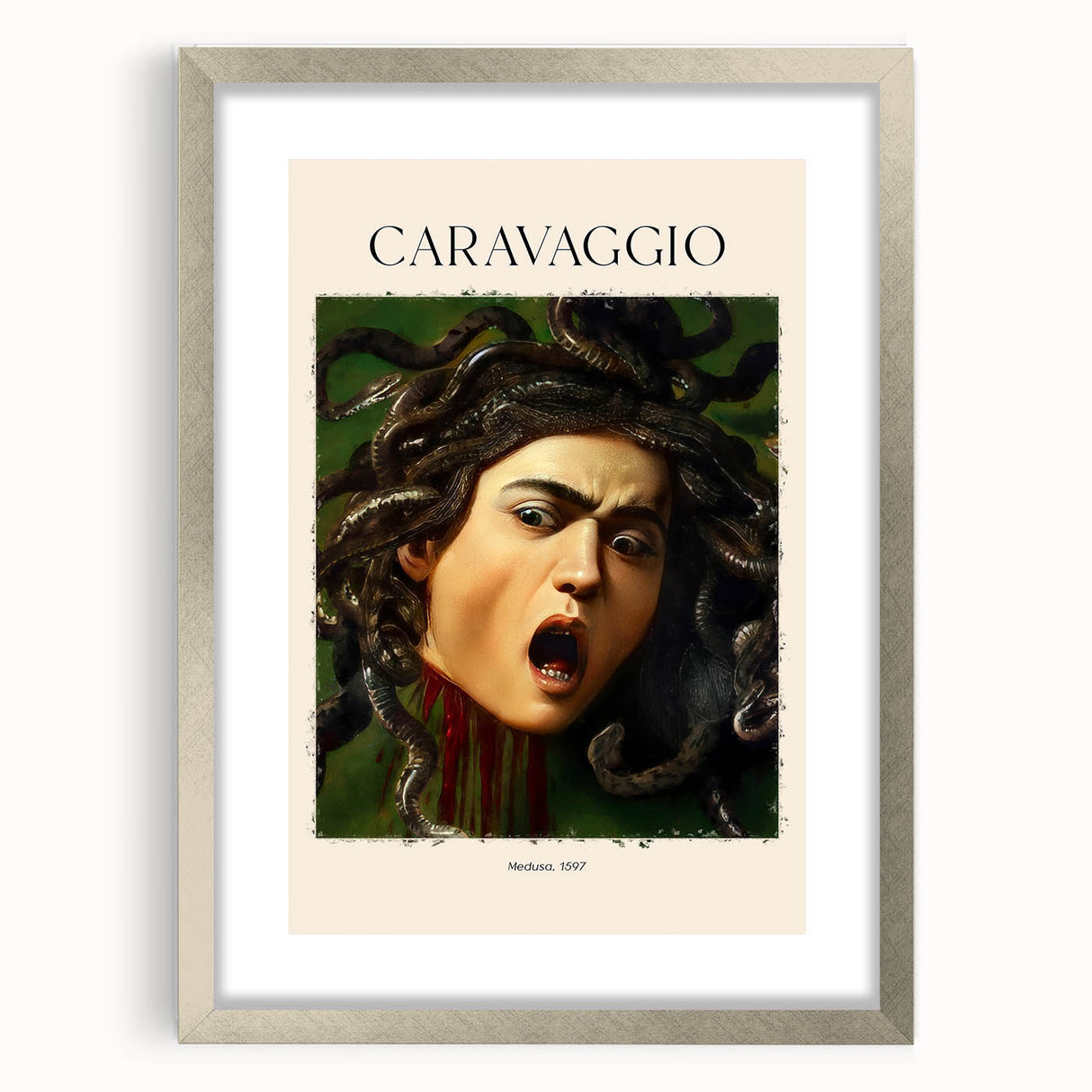 Abstract art print of Sandro Botticelli's design in a silver frame with mat, featuring muted earth tones.
