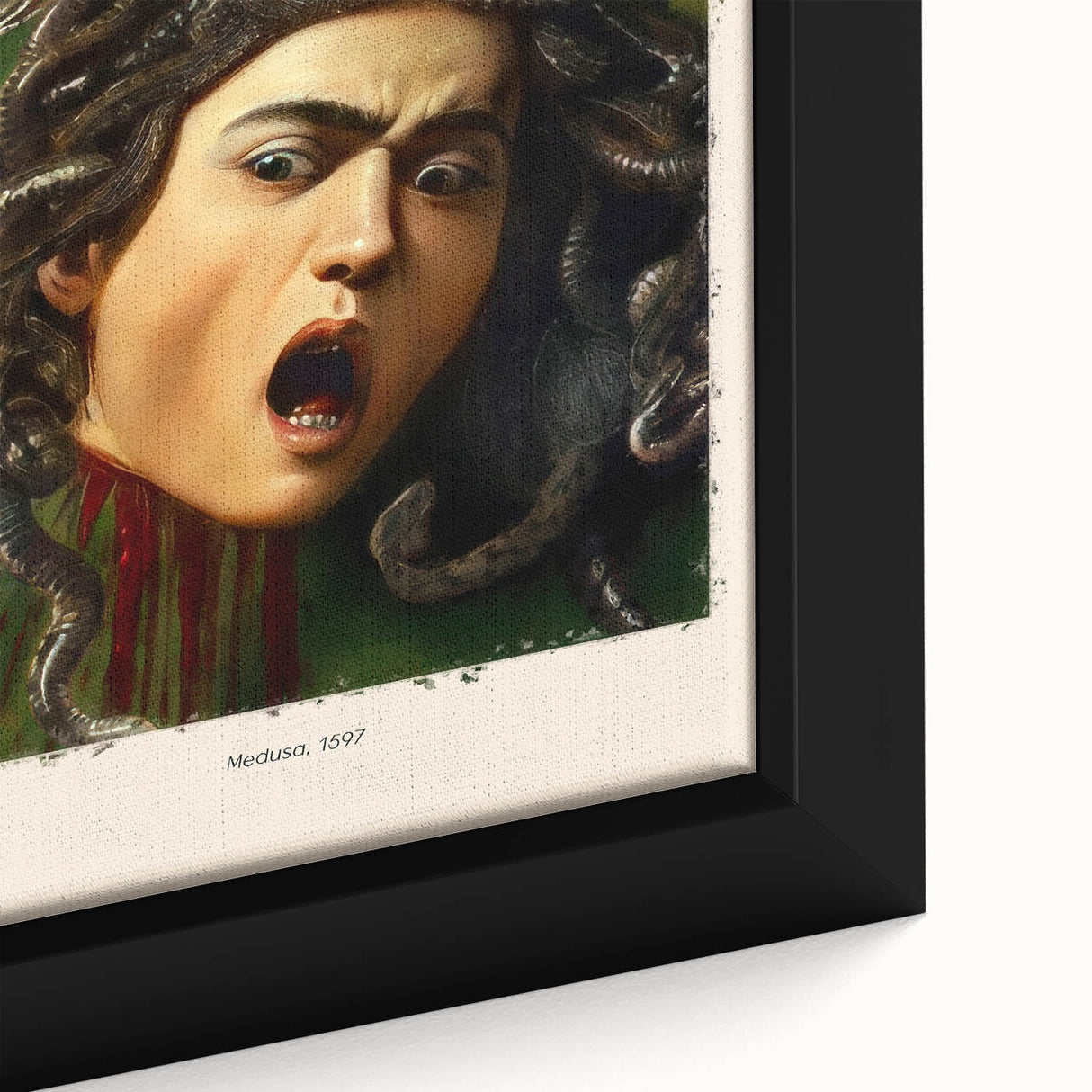 Close-up of a black wall art featuring a colorful, textured depiction of Sandro Botticelli's design on a large framed canvas.