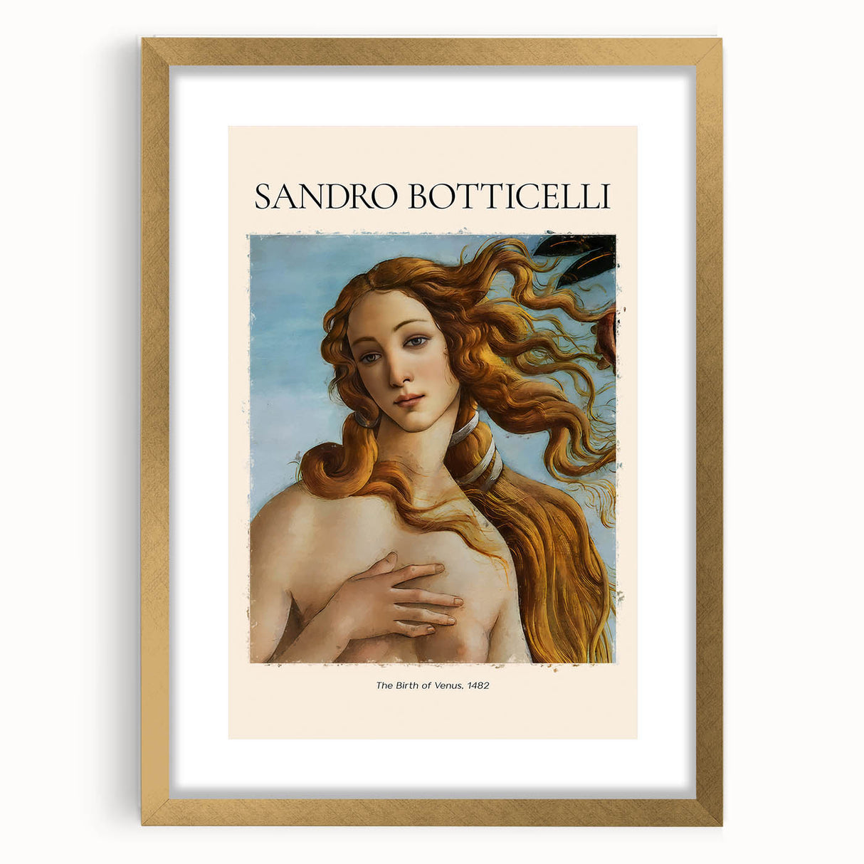Textured abstract art print of Sandro Botticelli design in a gold frame with mat, featuring muted earth tones.