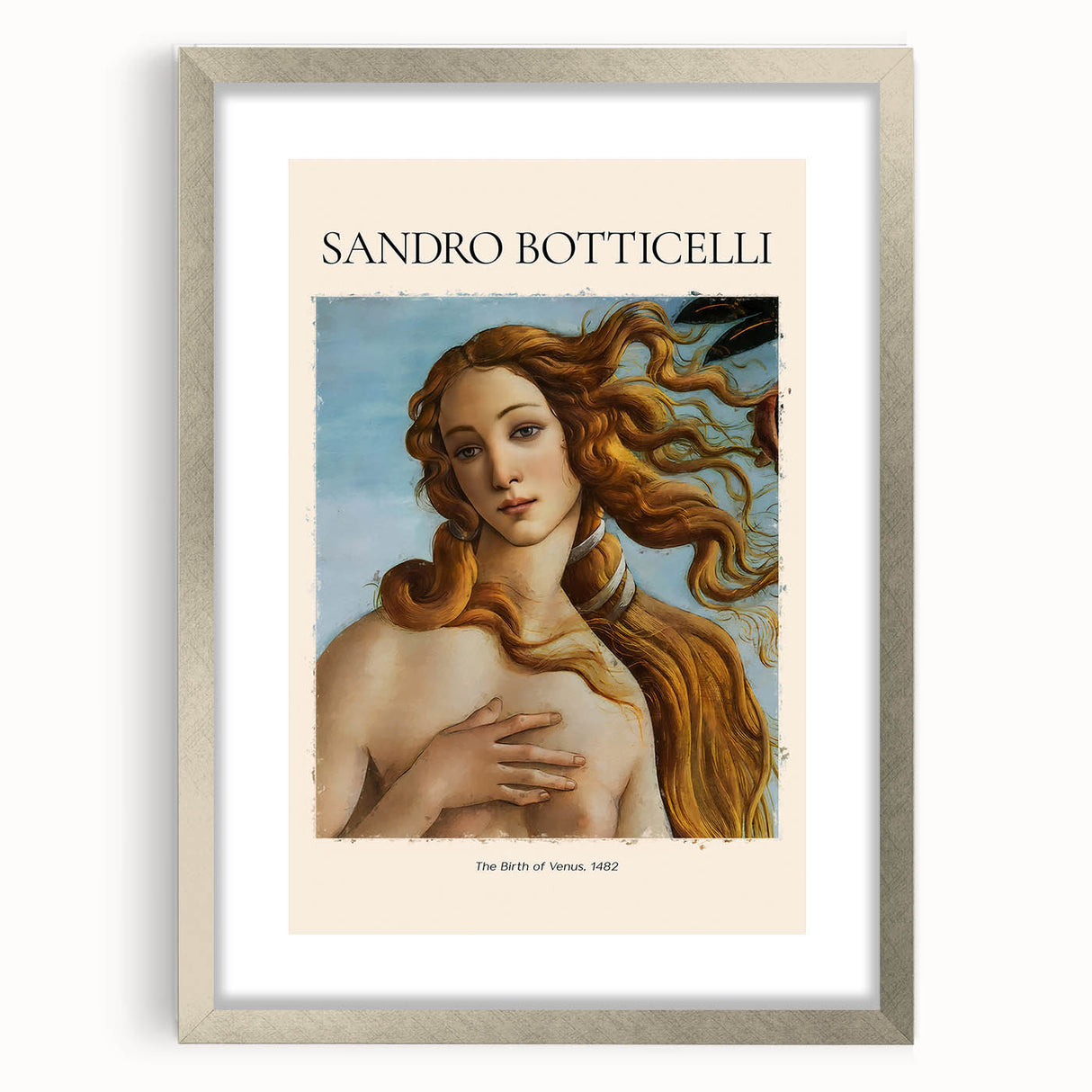 Abstract art print depicting a modern reinterpretation of Sandro Botticelli's work in muted tones, framed in silver.