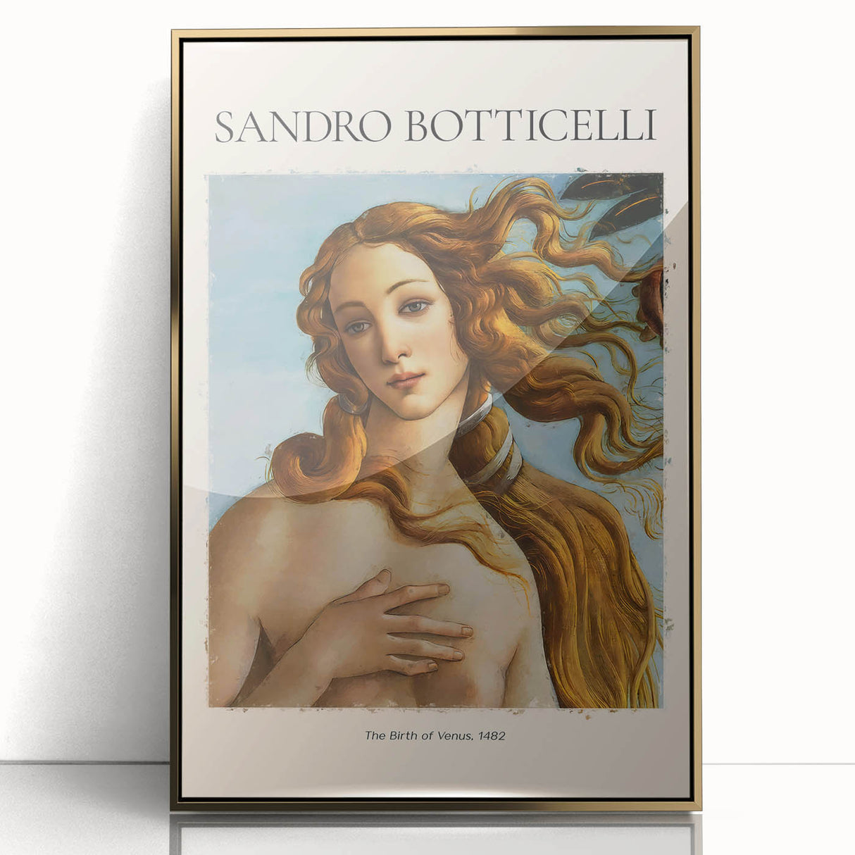 Mid-century modernist art featuring Sandro Botticelli's design in gold frame, ideal for nursery wall art.