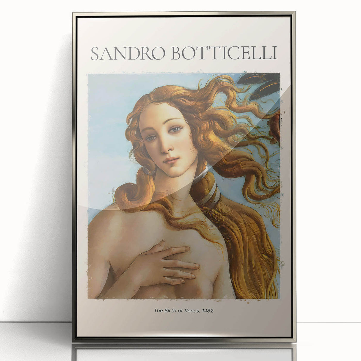Art deco poster depicting Sandro Botticelli design in muted tones on silver-framed acrylic, suitable for nursery wall art.