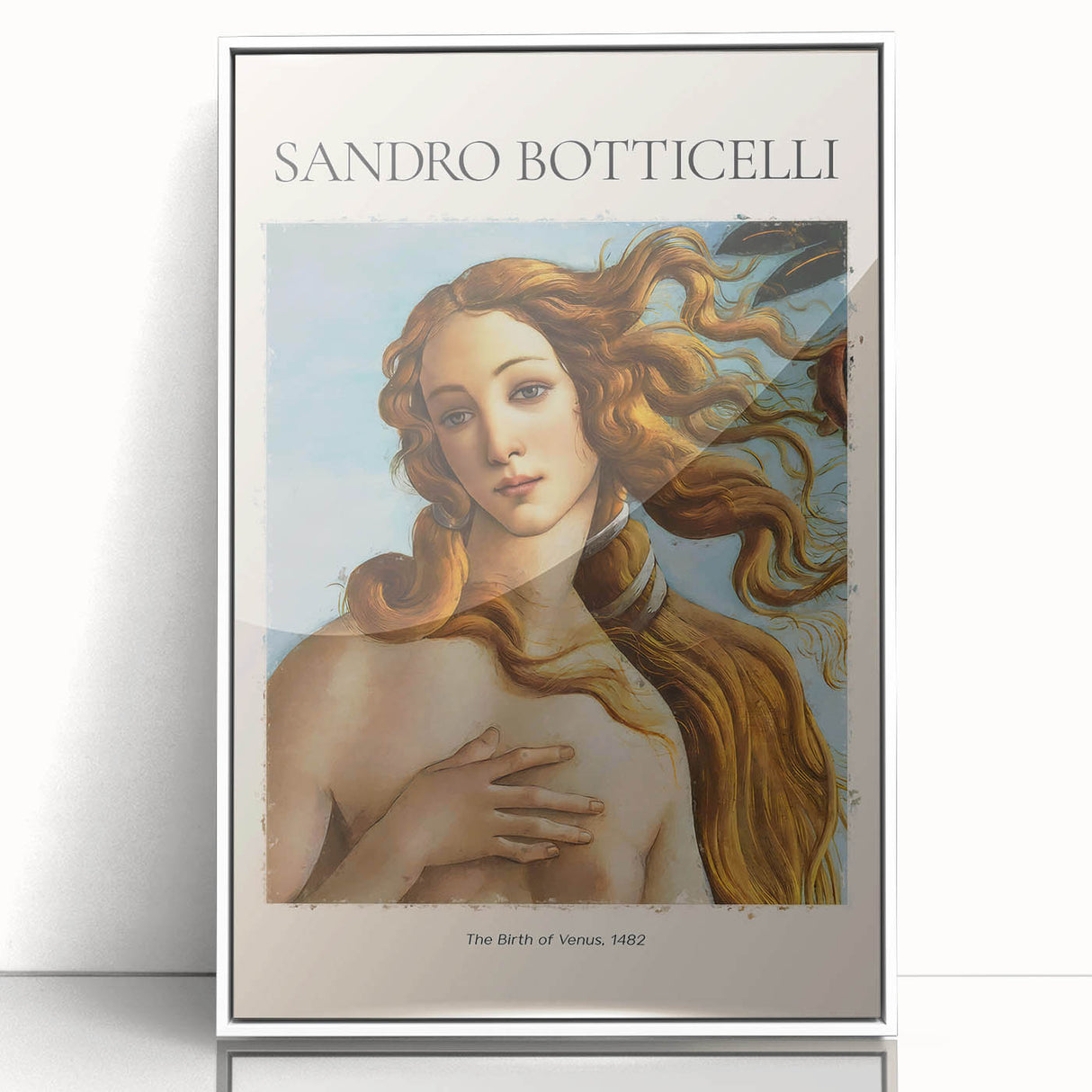 Framed acrylic print of Sandro Botticelli's artwork featuring soft pastel colors and mid-century modernist style.