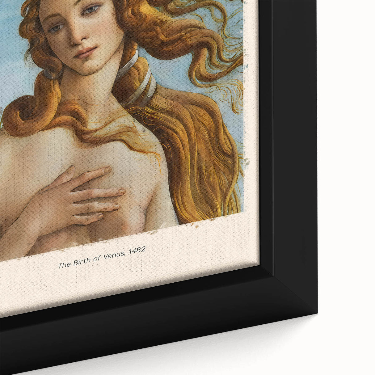 Black wall art featuring a close-up of Sandro Botticelli's design in colorful, textured style, ideal for living room decor.