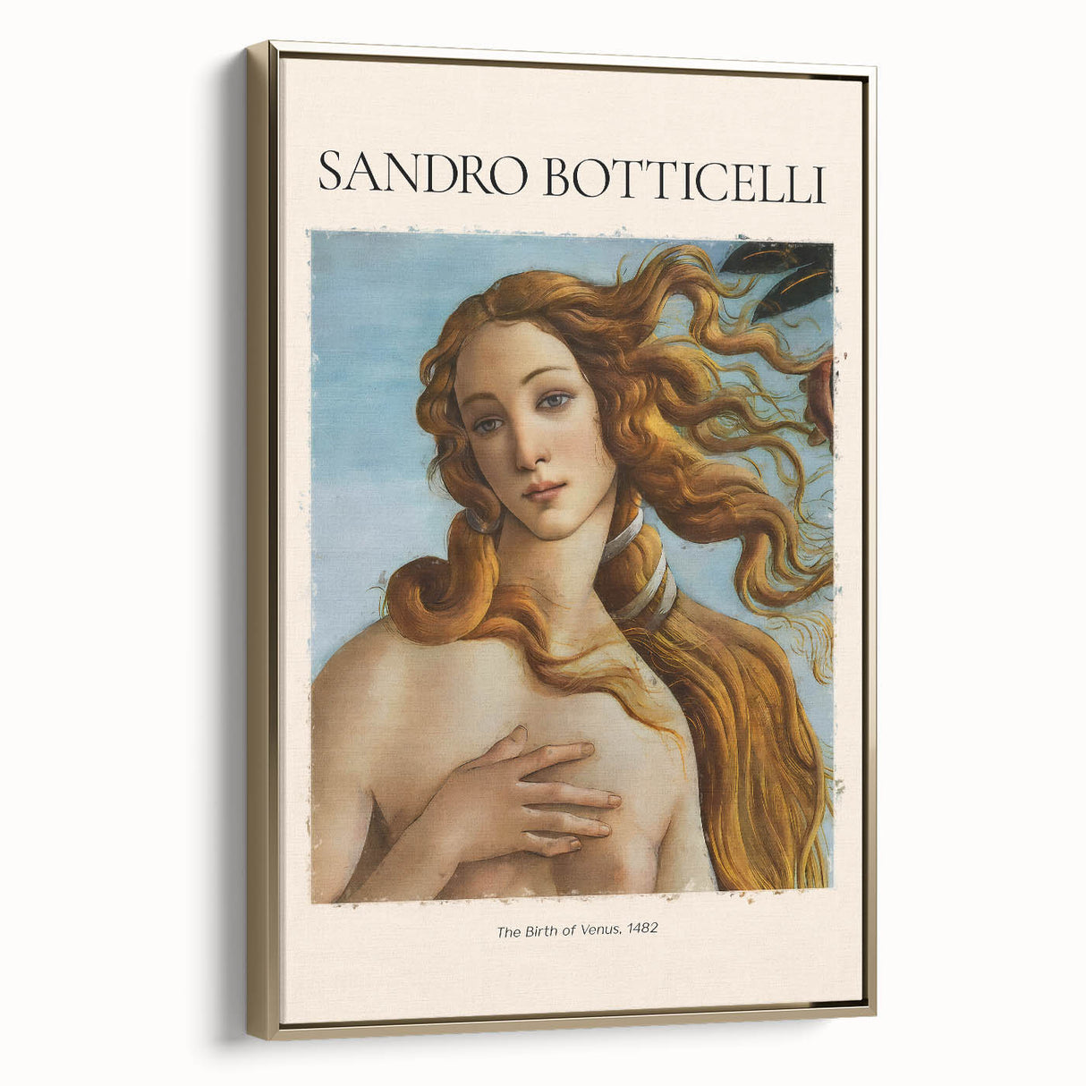 Side view of a framed canvas featuring Sandro Botticelli's landscape art painting with colorful vintage poster art elements.