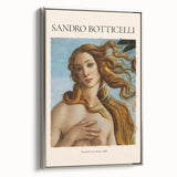 Vintage poster art of Sandro Botticelli's work on a silver-framed canvas, featuring black and colorful elements.