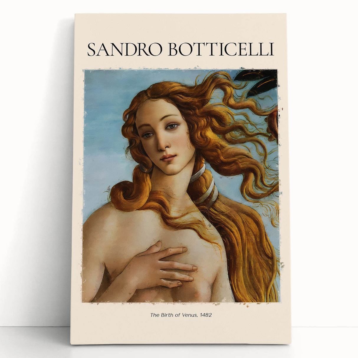 Black and white print of Sandro Botticelli's artwork on large stretched canvas.