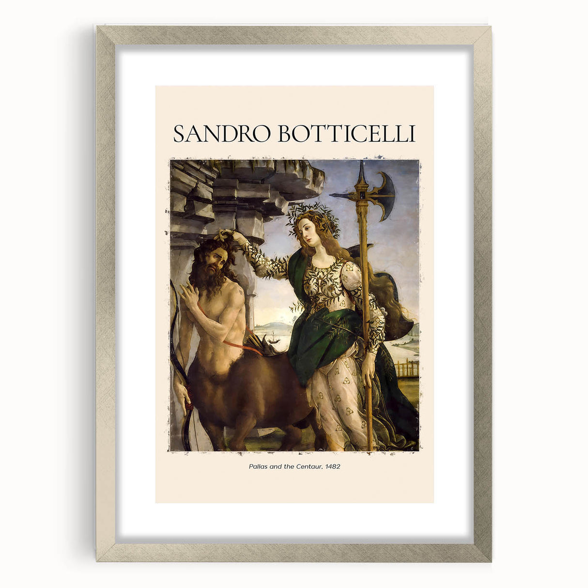 Abstract art print of a Sandro Botticelli design in silver frame, featuring pastel shades, ideal for dining room decor.
