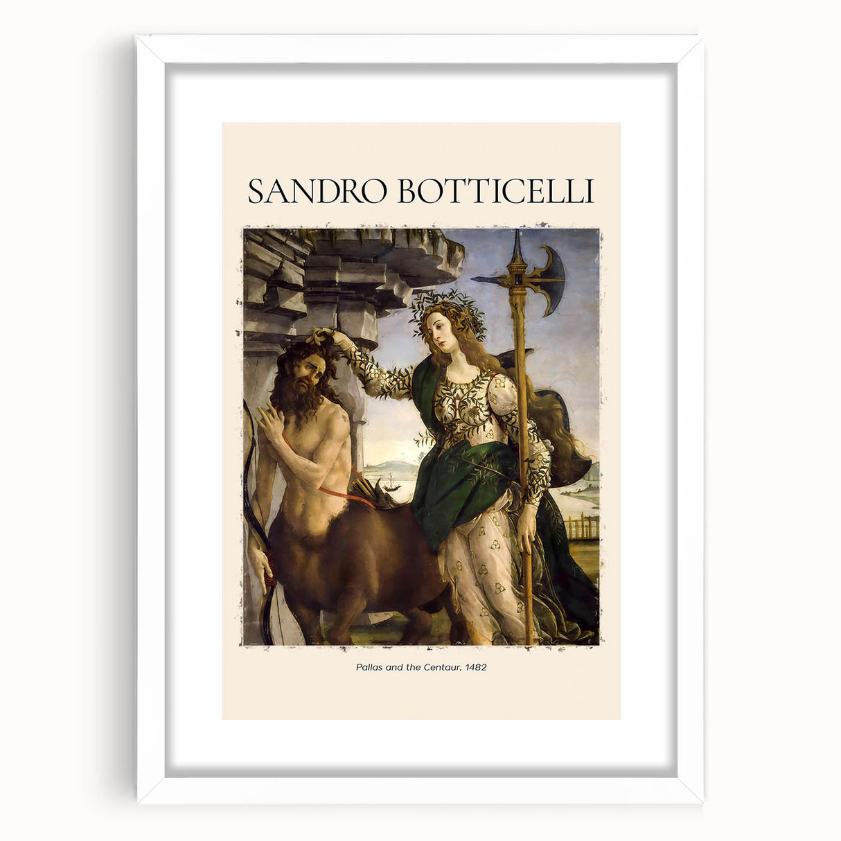 Extra large wall art of Sandro Botticelli's design, featuring abstract art prints in a white frame with mat.