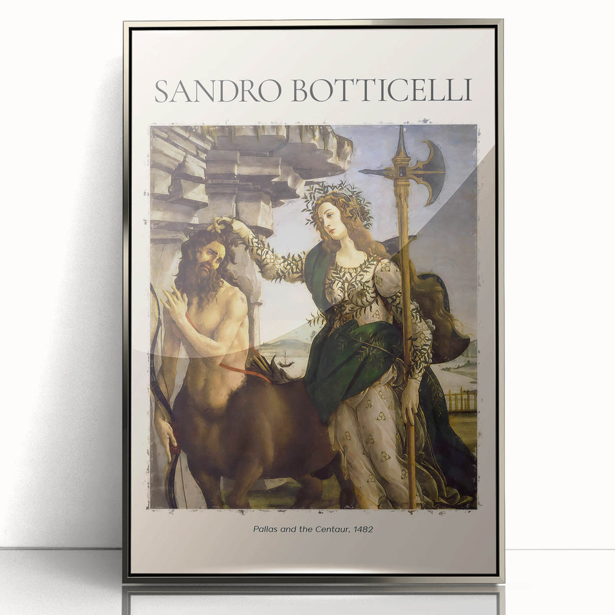 Art deco poster of Sandro Botticelli design in silver frame, featuring muted tones, ideal for nursery wall art.