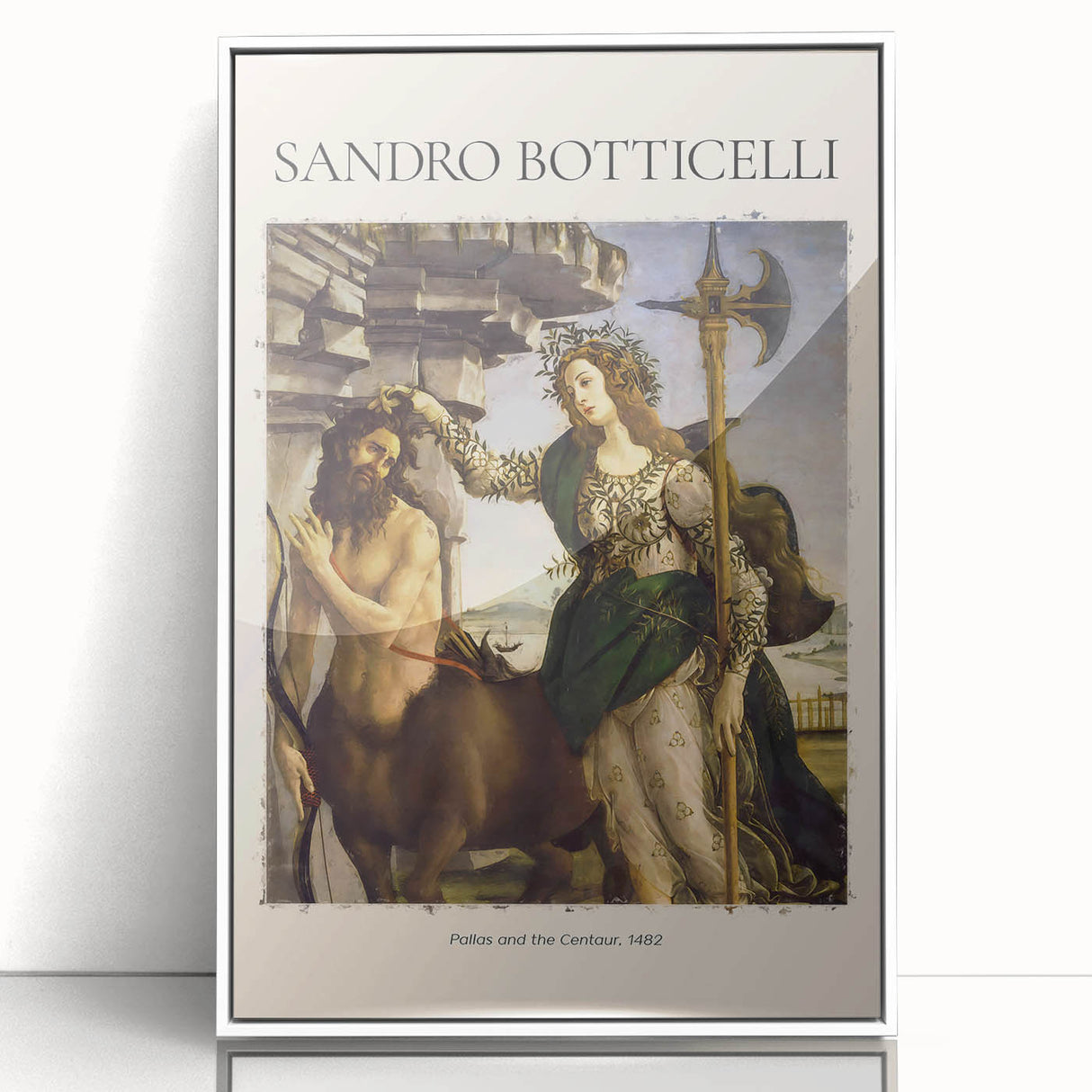 Framed acrylic print of Sandro Botticelli's artwork featuring Renaissance style figures, ideal for nursery wall art.