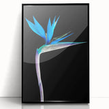 Framed wall art showcasing a vibrant Bird of Paradise design in botanical style, featuring bold colors and intricate details, ideal for modern decor.