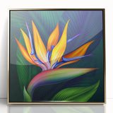 Framed wall art showcasing a vibrant Bird of Paradise design in rich colors, featuring gold accents and an acrylic front, perfect for stylish home decor.