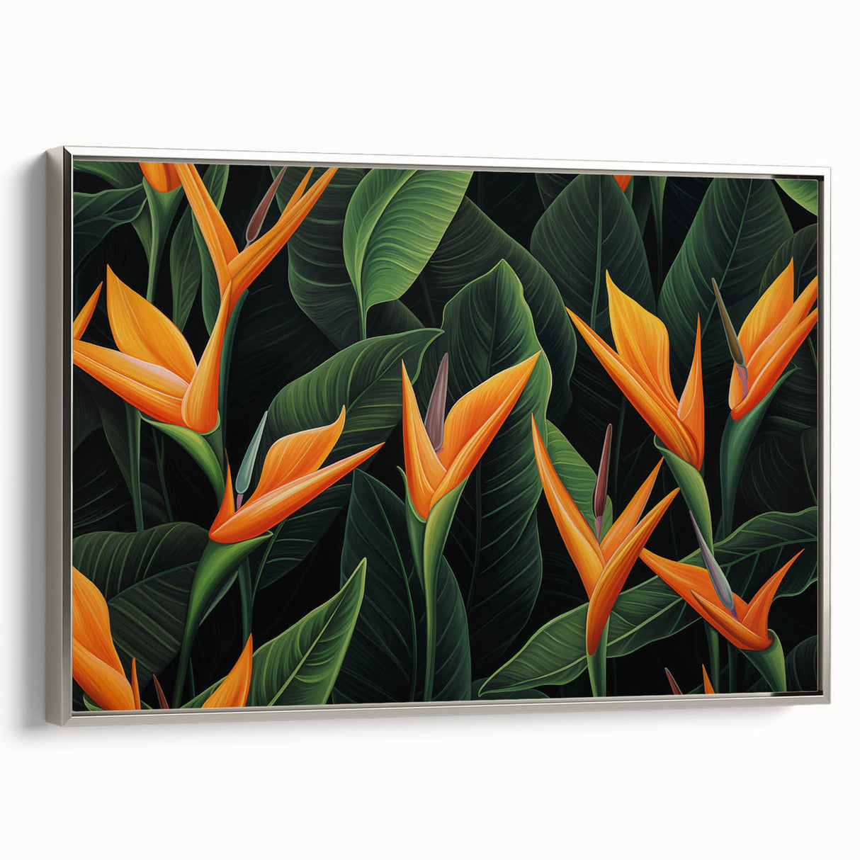 Framed canvas wall art showcasing a vibrant Bird of Paradise design with intricate floral details and a sleek silver frame, ideal for modern decor.