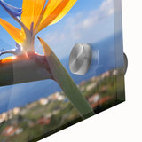 Close-up of a vibrant bird of paradise design on botanical wall art, showcasing intricate details and vivid colors, perfect for home decor or floral enthusiasts.