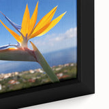 Close-up view of a framed canvas featuring a vibrant Bird of Paradise flower design, showcasing intricate details and bold colors, ideal for botanical-themed decor.