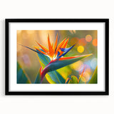Framed wall art featuring a vibrant Bird of Paradise design with botanical elements, set in a sleek black frame, perfect for modern home decor.