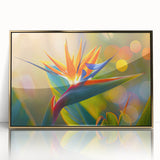 Framed wall art showcasing a vibrant Bird of Paradise design with acrylic glass and a gold frame, perfect for adding a touch of botanical elegance to home decor.