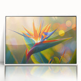 Framed acrylic wall art featuring a vibrant Bird of Paradise design, showcasing intricate floral details and a sleek white frame, ideal for modern decor.