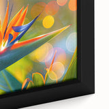Framed close-up of a vibrant Bird of Paradise design in a botanical wall art collection, showcasing intricate details and rich colors on canvas. Perfect for enhancing any decor.