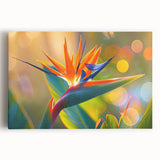 Stretched canvas wall art showcasing a vibrant Bird of Paradise floral design with rich colors, perfect for adding a tropical touch to home decor.
