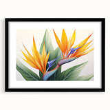 Botanical wall art featuring a striking bird of paradise design showcased in a sleek black frame with matting, ideal for enhancing modern home decor.