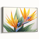 Framed wall art showcasing a vibrant Bird of Paradise design with lush floral elements, highlighted by a sleek silver frame, perfect for modern decor.