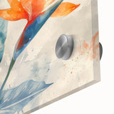 Vibrant close-up of a botanical Bird of Paradise wall art design, showcasing intricate floral details and rich colors on acrylic glass, perfect for modern decor.