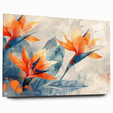 Vibrant botanical wall art featuring a detailed Bird of Paradise design printed on acrylic glass, showcasing vivid colors and elegant presentation with pins for display.