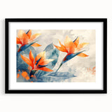 Framed wall art displaying a vibrant botanical design of a bird of paradise, featuring a black frame and mat, ideal for enhancing home decor aesthetics.