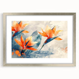 Framed wall art featuring a vibrant Bird of Paradise design, with botanical elements and a sleek silver frame. Ideal for modern home decor.