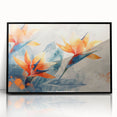 Framed wall art showcasing a vibrant Bird of Paradise design with rich colors and intricate details, set against a sleek black frame, perfect for home decor.