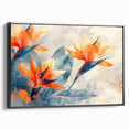 Framed canvas wall art showcasing a vibrant Bird of Paradise floral design with intricate details, presented in a sleek black frame, ideal for home decor.