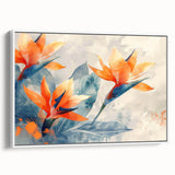 Framed wall art featuring a vibrant Bird of Paradise design, showcasing colorful tropical flowers against a white background, perfect for brightening up any living space.