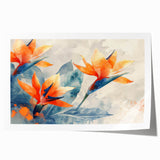 Botanical wall art print featuring a vibrant Bird of Paradise design with rich colors of green, yellow, and orange, rolled and ready for framing.