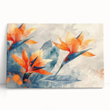 Stretched canvas artwork showcasing a vibrant Bird of Paradise design with lush floral details, ideal for adding a tropical touch to home decor.