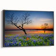 Framed canvas wall art showcasing a bluebonnet botanical design with a black frame, highlighting vibrant colors and intricate floral details, perfect for home decor.